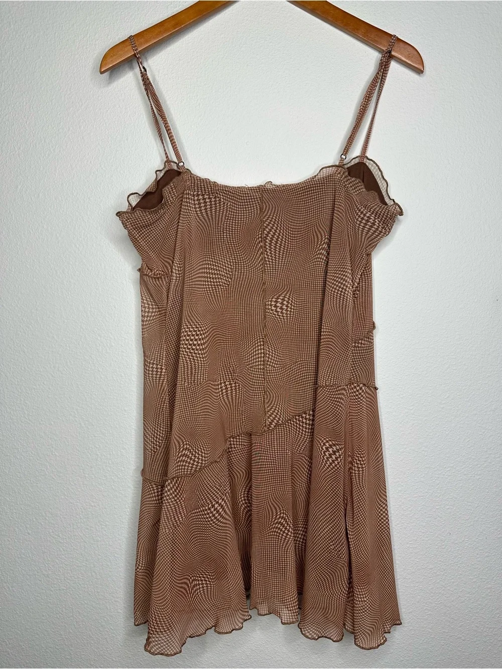 Urban Outfitters Moxie Mesh Mini Slip Dress Brown Abstract Print Size L Y2K - Picture 6 of 9